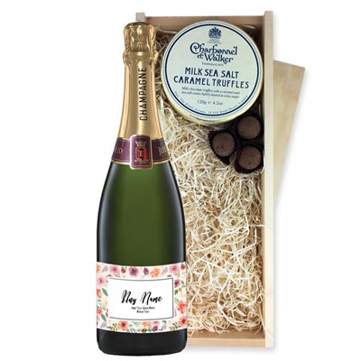 Personalised Champagne - Art Border Label And Milk Sea Salt Charbonnel Chocolates Box